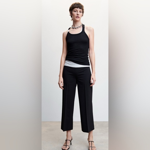 Mango Black Wide-Leg Cropped Black Flowy Soft Pants Medium - Picture 9 of 10